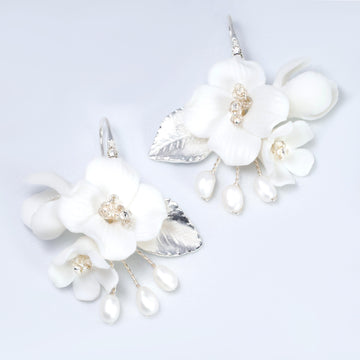 Swarovski Freshwater Gold White Flower Crystal Necklace set , Long Bridal Jewelry Crystal Necklace Bridal Earrings Statement Earrings